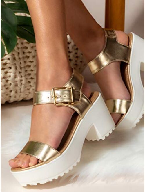 J. Adams Encore Platform Sandals for Women - Ankle Strap Buckle Mid Chunky Heel