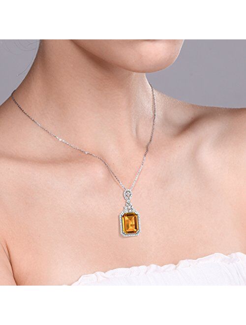 Gem Stone King 925 Sterling Silver Yellow Citrine Pendant Necklace For Women (8.80 Cttw, Emerald Cut 14X10MM with 18 inch Silver Chain)