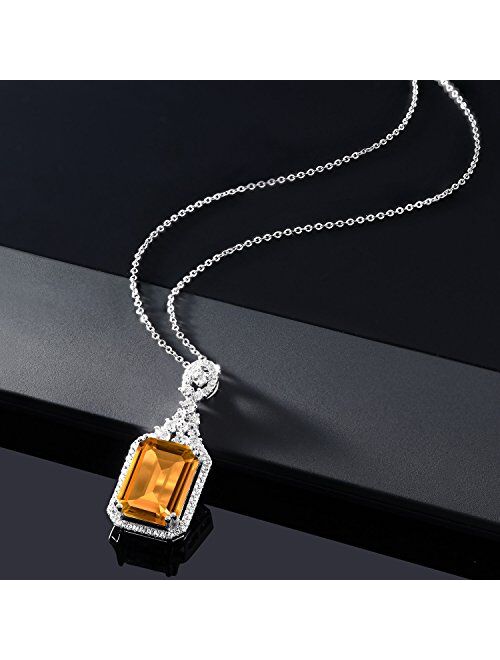 Gem Stone King 925 Sterling Silver Yellow Citrine Pendant Necklace For Women (8.80 Cttw, Emerald Cut 14X10MM with 18 inch Silver Chain)