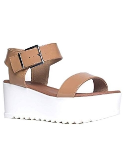 Women's Platform Buckle Sandal - Open Peep Toe Fashion Chunky Ankle Strap Shoe - Surf by J Adams