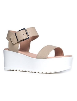 Women's Platform Buckle Sandal - Open Peep Toe Fashion Chunky Ankle Strap Shoe - Surf by J Adams