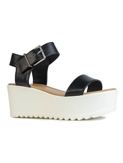 Women's Platform Buckle Sandal - Open Peep Toe Fashion Chunky Ankle Strap Shoe - Surf by J Adams