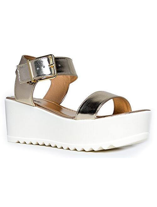 Women's Platform Buckle Sandal - Open Peep Toe Fashion Chunky Ankle Strap Shoe - Surf by J Adams