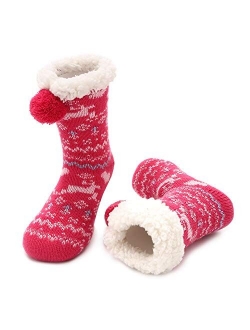 Boys Girls Cozy Fuzzy Slipper Socks Fleece Lining Extra Warm Fuzzy Socks for Kids with Anti-slip Soles