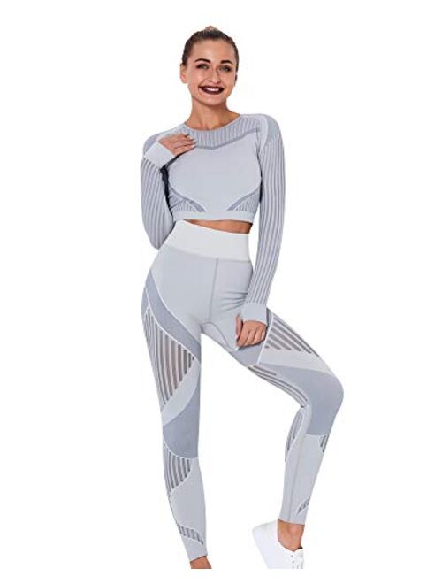 Lisueyne Women's Workout Set 2 Piece Tracksuit Seamless High Waist Leggings and Crop Top Yoga Outfits for Women Activewear Suits