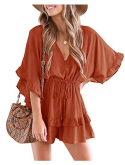 Valphsio Womens V Neck Beach Romper Ruffle Layered Drawstring Waisted Shorts Jumpsuit