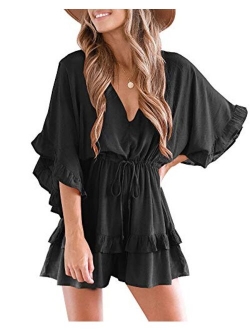 Valphsio Womens V Neck Beach Romper Ruffle Layered Drawstring Waisted Shorts Jumpsuit