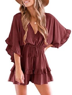 Valphsio Womens V Neck Beach Romper Ruffle Layered Drawstring Waisted Shorts Jumpsuit