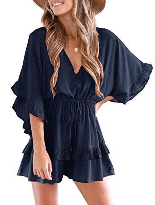 Valphsio Womens V Neck Beach Romper Ruffle Layered Drawstring Waisted Shorts Jumpsuit