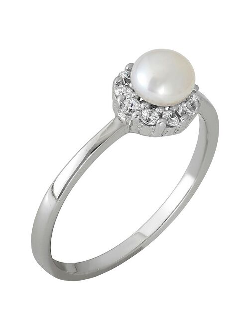 Tiara Kid's Round Cubic Zirconia and Freshwater Pearl Flower Ring in Sterling Silver (4-5mm)