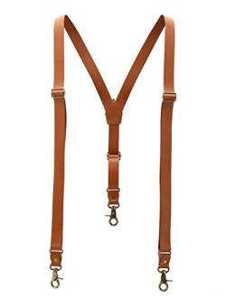 1 Inch Suspenders for Men, Soft Split Leather Brown Y Back, Covered with Superfine Fiber Synthetic PU Leather,3 Snap Hooks