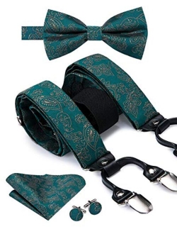 Dubulle Paisely Floral Clips Suspender and Bow Tie Set Pretied Bowtie and Pocket Square Cufflinks