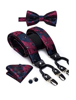 Dubulle Paisely Floral Clips Suspender and Bow Tie Set Pretied Bowtie and Pocket Square Cufflinks