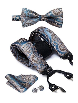 Dubulle Paisely Floral Clips Suspender and Bow Tie Set Pretied Bowtie and Pocket Square Cufflinks