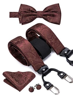 Dubulle Paisely Floral Clips Suspender and Bow Tie Set Pretied Bowtie and Pocket Square Cufflinks