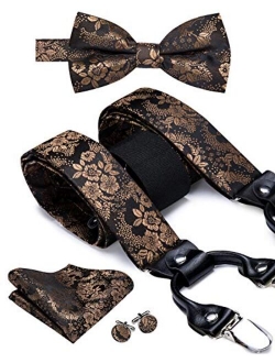 Dubulle Paisely Floral Clips Suspender and Bow Tie Set Pretied Bowtie and Pocket Square Cufflinks