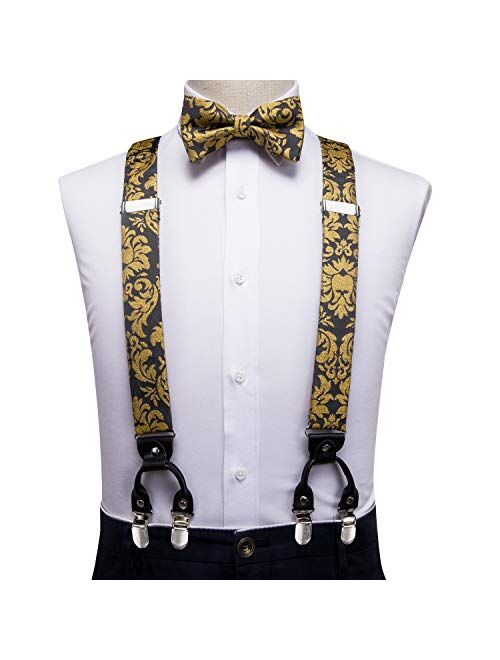 Dubulle Paisely Floral Clips Suspender and Bow Tie Set Pretied Bowtie and Pocket Square Cufflinks