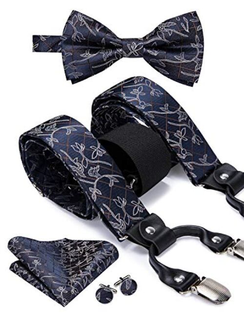 Dubulle Paisely Floral Clips Suspender and Bow Tie Set Pretied Bowtie and Pocket Square Cufflinks