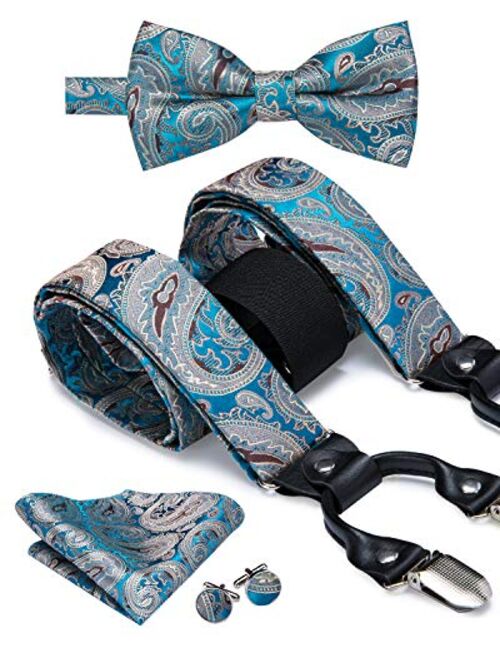 Dubulle Paisely Floral Clips Suspender and Bow Tie Set Pretied Bowtie and Pocket Square Cufflinks