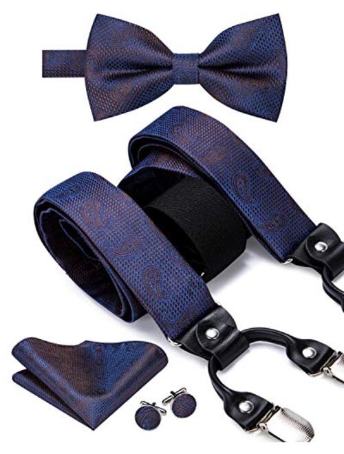 Dubulle Paisely Floral Clips Suspender and Bow Tie Set Pretied Bowtie and Pocket Square Cufflinks