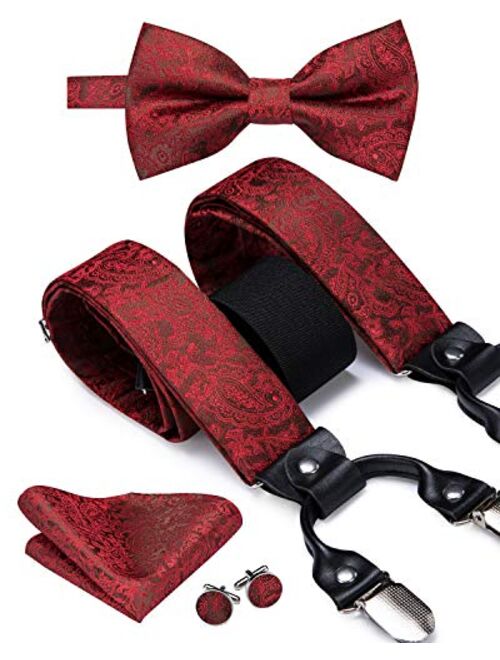 Dubulle Paisely Floral Clips Suspender and Bow Tie Set Pretied Bowtie and Pocket Square Cufflinks