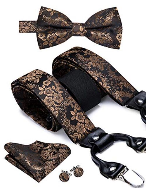 Dubulle Paisely Floral Clips Suspender and Bow Tie Set Pretied Bowtie and Pocket Square Cufflinks