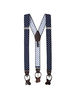 Men's Large Dots Y-Back Suspenders Braces Convertible Leather Ends Clips