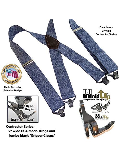 HoldUp Brand Heavy Duty 2" Wide Dark Denim Work Suspenders with Patented Gripper Clasps