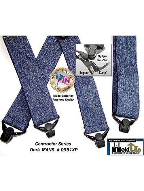 HoldUp Brand Heavy Duty 2" Wide Dark Denim Work Suspenders with Patented Gripper Clasps