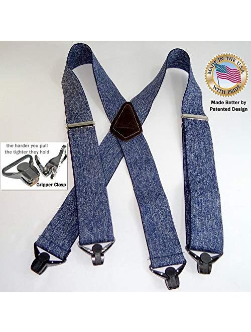 HoldUp Brand Heavy Duty 2" Wide Dark Denim Work Suspenders with Patented Gripper Clasps