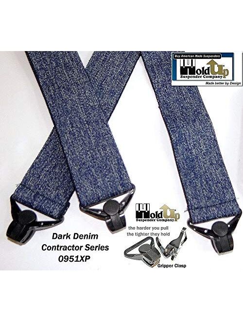 HoldUp Brand Heavy Duty 2" Wide Dark Denim Work Suspenders with Patented Gripper Clasps