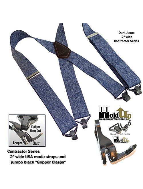 HoldUp Brand Heavy Duty 2" Wide Dark Denim Work Suspenders with Patented Gripper Clasps