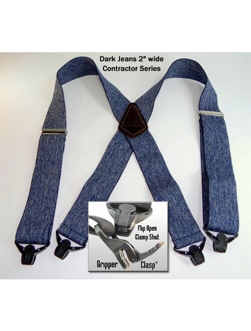 HoldUp Brand Heavy Duty 2" Wide Dark Denim Work Suspenders with Patented Gripper Clasps