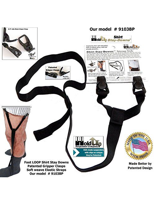 Holdup Suspender Company USA made Stirrup foot loop Style Holdup Shirt Stay Downs with Patented Gripper Clasps