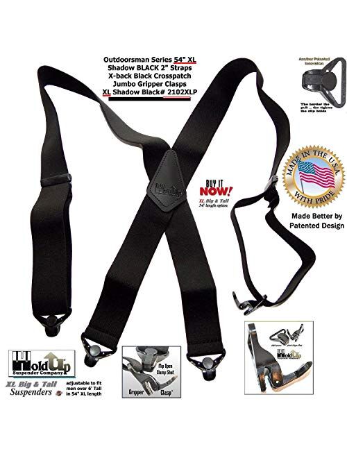 Outdoorsman Series HoldUp brand XL Shadow Black Heavy Duty Work Suspenders 2 inch wide with Black Patented Gripper Clasps