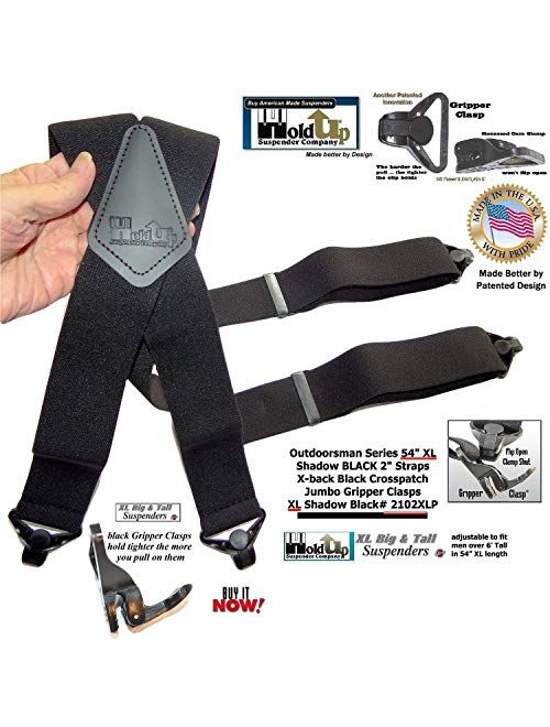 Outdoorsman Series HoldUp brand XL Shadow Black Heavy Duty Work Suspenders 2 inch wide with Black Patented Gripper Clasps