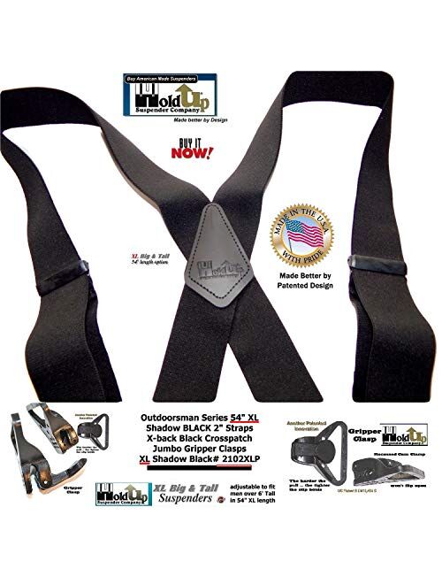 Outdoorsman Series HoldUp brand XL Shadow Black Heavy Duty Work Suspenders 2 inch wide with Black Patented Gripper Clasps