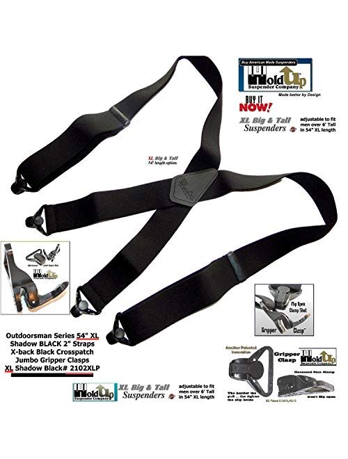 Outdoorsman Series HoldUp brand XL Shadow Black Heavy Duty Work Suspenders 2 inch wide with Black Patented Gripper Clasps