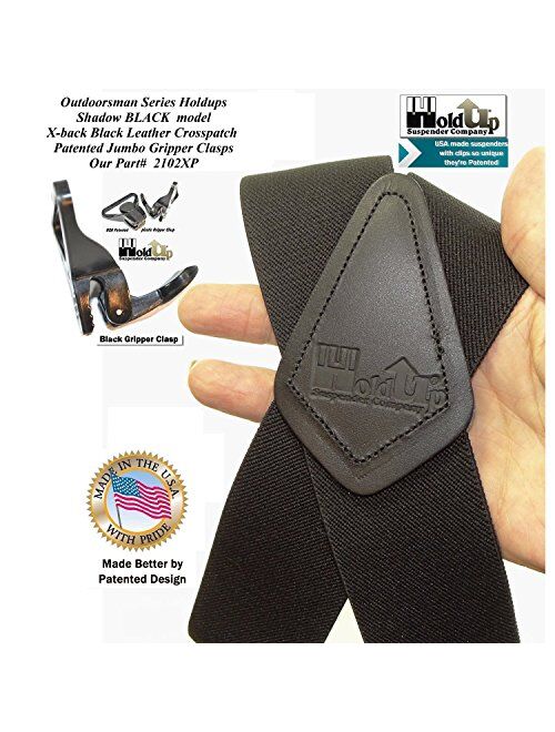 Outdoorsman Series HoldUp brand XL Shadow Black Heavy Duty Work Suspenders 2 inch wide with Black Patented Gripper Clasps