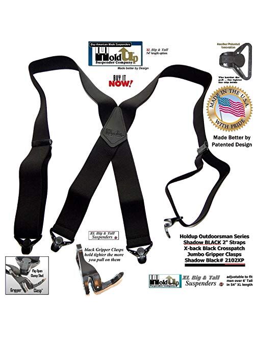 Outdoorsman Series HoldUp brand XL Shadow Black Heavy Duty Work Suspenders 2 inch wide with Black Patented Gripper Clasps