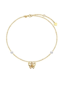 14k Gold Butterfly Anklets for Women, Real Pearl Fine Jewelry Ankle Bracelet Gifts for Her, 8.6+0.8+0.8 Inch