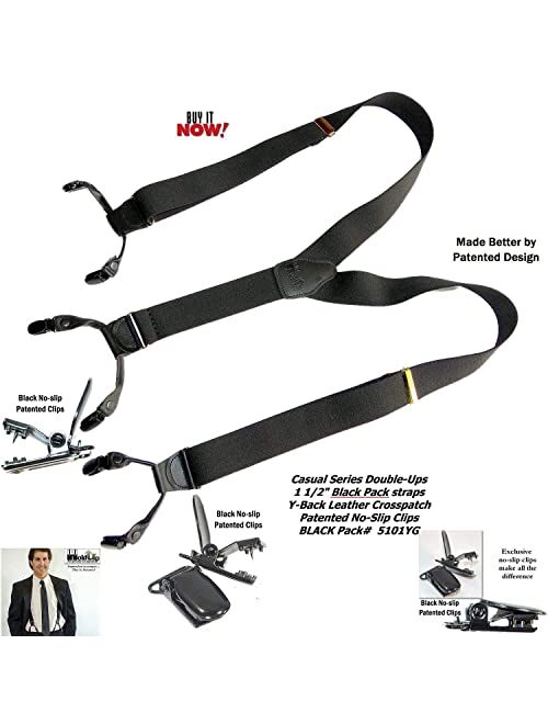 HoldUp Suspender Company new Black Pack dual clip Double-Up Style Suspenders with black patented no-slip clips