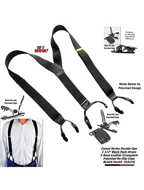 HoldUp Suspender Company new Black Pack dual clip Double-Up Style Suspenders with black patented no-slip clips