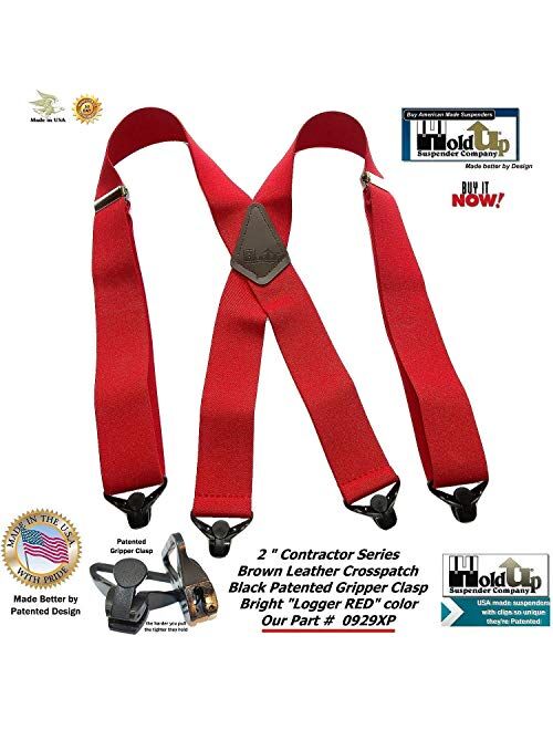 Holdup Brand Heavy Duty Logger RED Wide X-back Suspenders with Patented jumbo Gripper Clasps