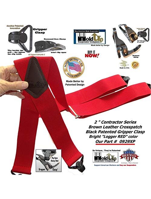 Holdup Brand Heavy Duty Logger RED Wide X-back Suspenders with Patented jumbo Gripper Clasps