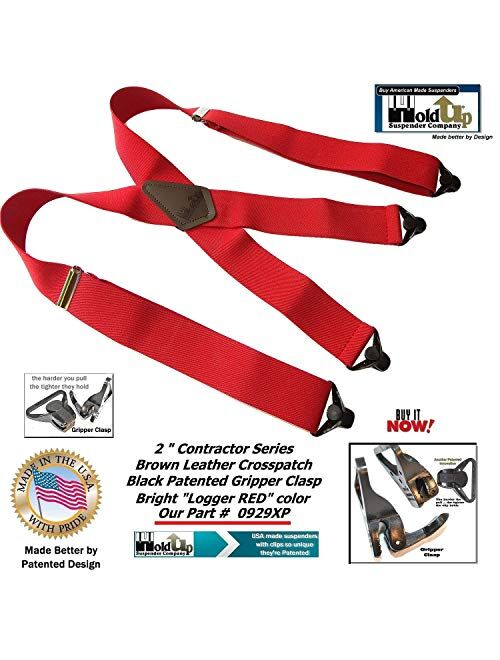 Holdup Brand Heavy Duty Logger RED Wide X-back Suspenders with Patented jumbo Gripper Clasps