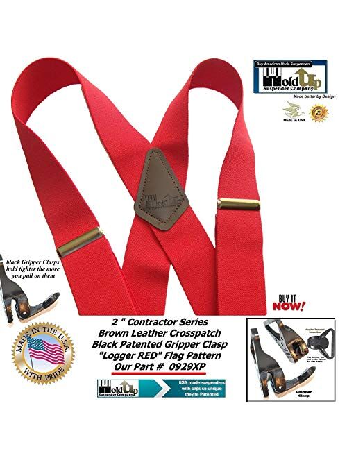 Holdup Brand Heavy Duty Logger RED Wide X-back Suspenders with Patented jumbo Gripper Clasps