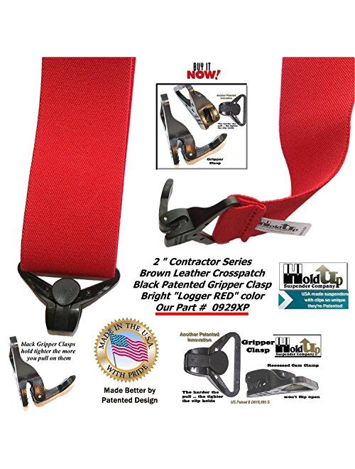 Holdup Brand Heavy Duty Logger RED Wide X-back Suspenders with Patented jumbo Gripper Clasps