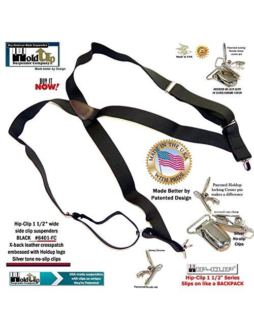 Holdup Black Trucker Style Hip-clip X-back Suspenders with patented no-slip silver-tone clips