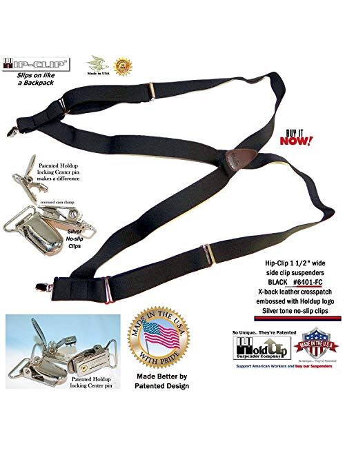 Holdup Black Trucker Style Hip-clip X-back Suspenders with patented no-slip silver-tone clips